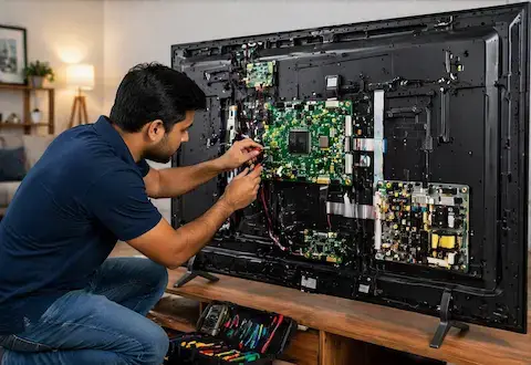 LED TV service center technician repairing 55 inch TV in Chennai